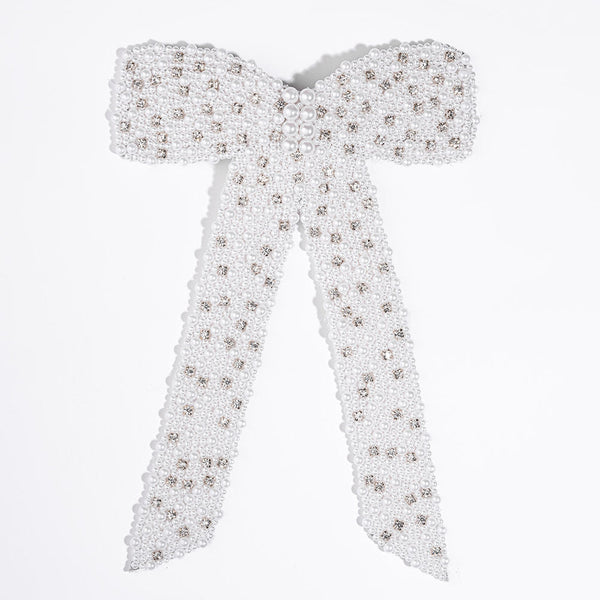 Embellished Pearl & Crystal Hair Bow Barrette Clip - White