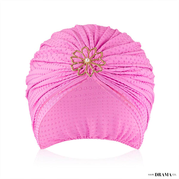 Lilac Dotted Turban with Flower Pearl Metal Broach