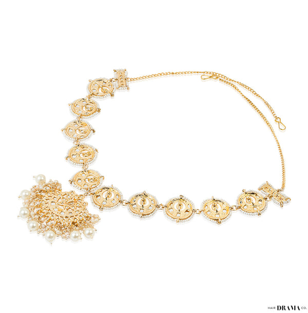 Gold Plated Circular Mathapatti with Polki, White Pearls and Beads