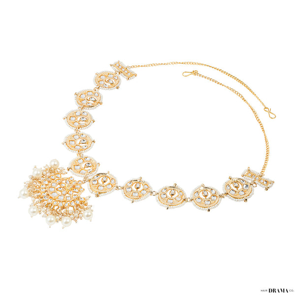 Gold Plated Circular Mathapatti with Polki, White Pearls and Beads