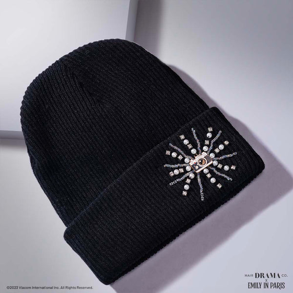 HDC X Emily In Paris Black Beanie with Pearls, Crystals & Camera Charm