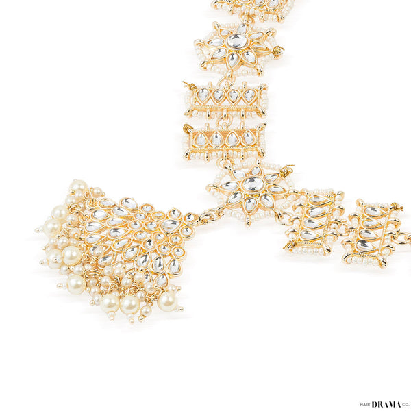 Gold Plated Mathapatti with Polki, White Pearls and Beads