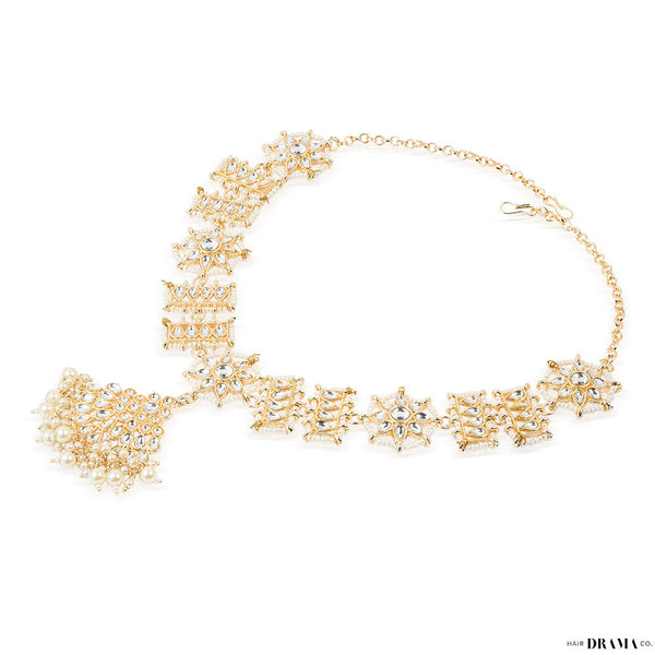 Gold Plated Mathapatti with Polki, White Pearls and Beads