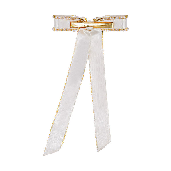 Satin Ribbon Pearl Hair Bow - Off-White