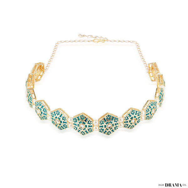 Emerald Gold Plated Hair Band with White Pearls