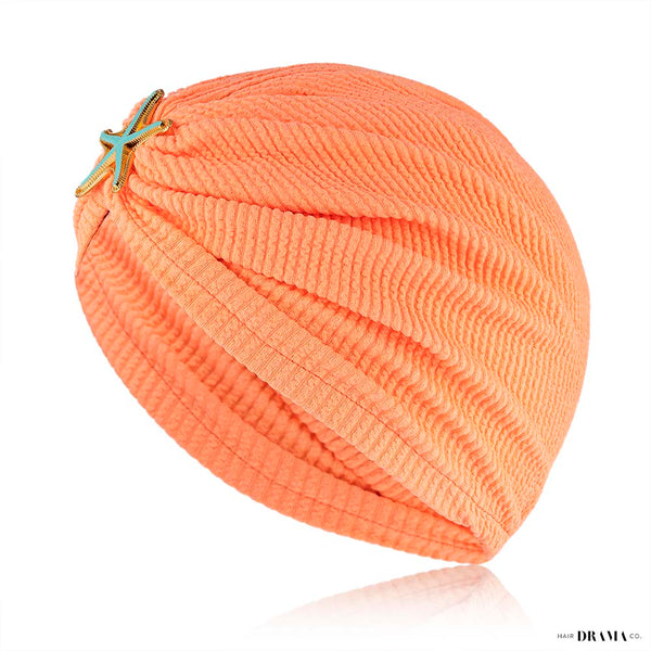 Neon Orange Ribbed Turban with Starfish Metal Broach