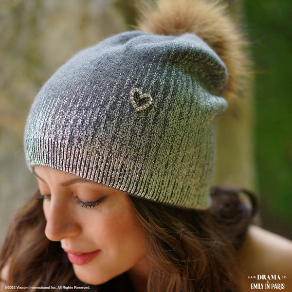 HDC x Emily in Paris Metallic Grey Real Wool Beanie with Original Fur Pom-pom & Heart Charm