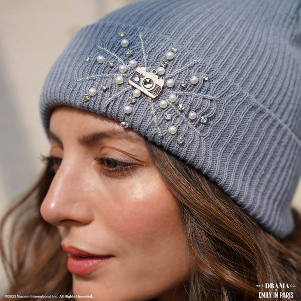 HDC X Emily In Paris Grey Beanie with Pearls, Crystals & Camera Charm
