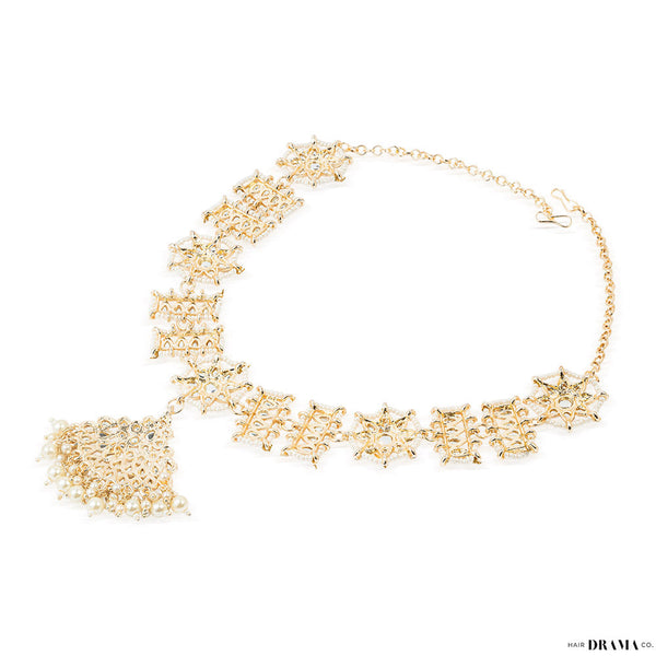 Gold Plated Mathapatti with Polki, White Pearls and Beads