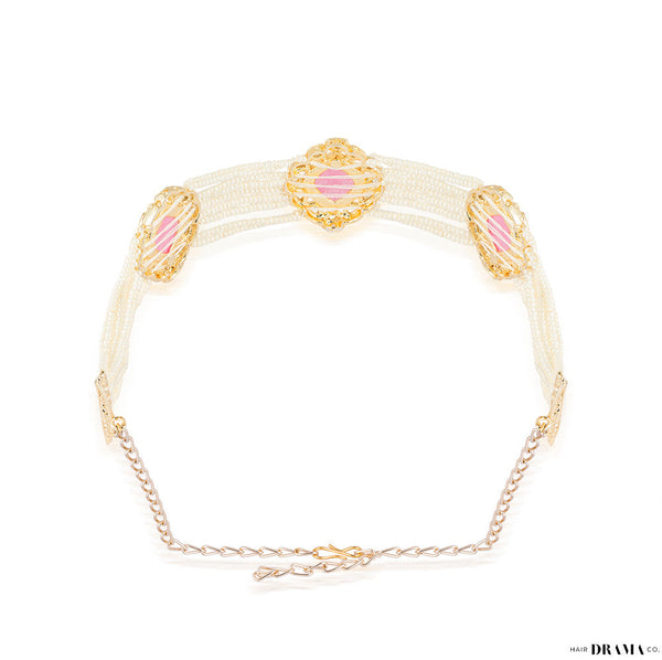 Gold Plated Hair Band with White Polki, Pearls and Enamel in Pink