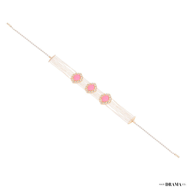 Gold Plated Hair Band with White Polki, Pearls and Enamel in Pink
