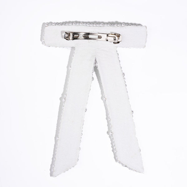 Embellished Pearl Hair Bow Barrette Clip - White