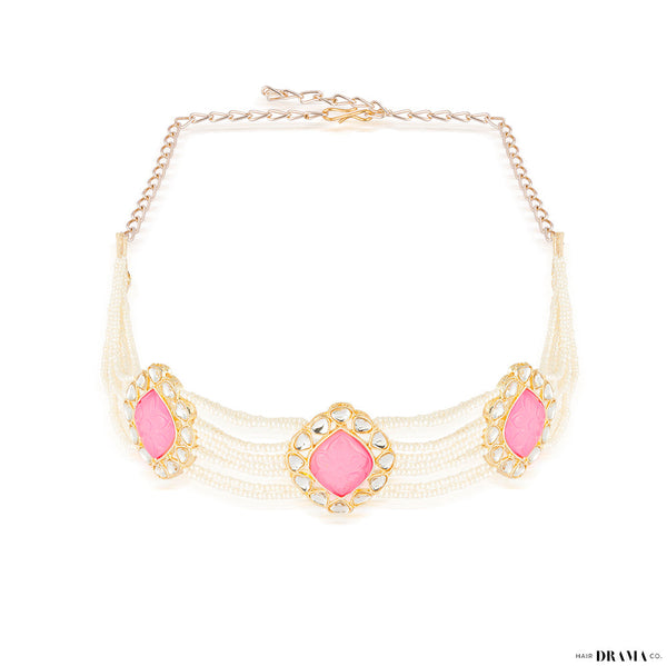 Gold Plated Hair Band with White Polki, Pearls and Enamel in Pink