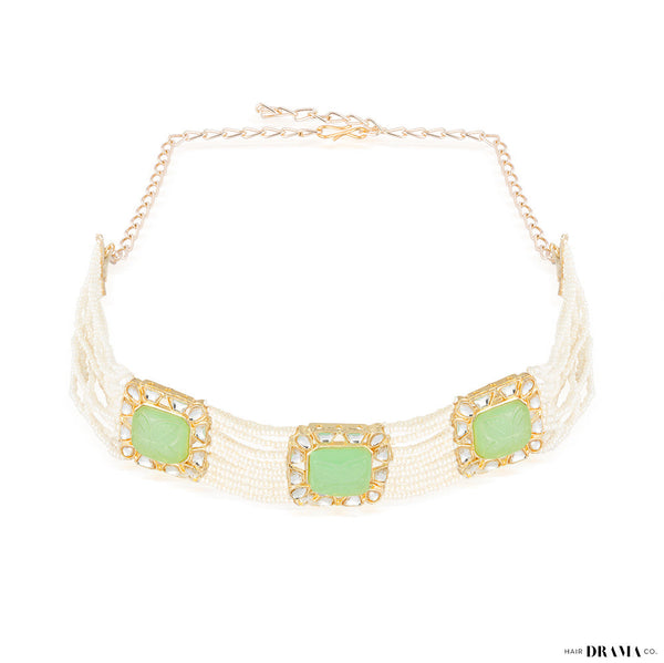 Gold Plated Hair Band with White Polki, Pearls and Enamel in Light Green
