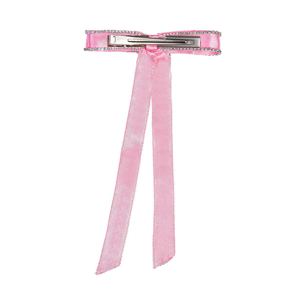 Satin Ribbon Crystal Hair Bow - Pink