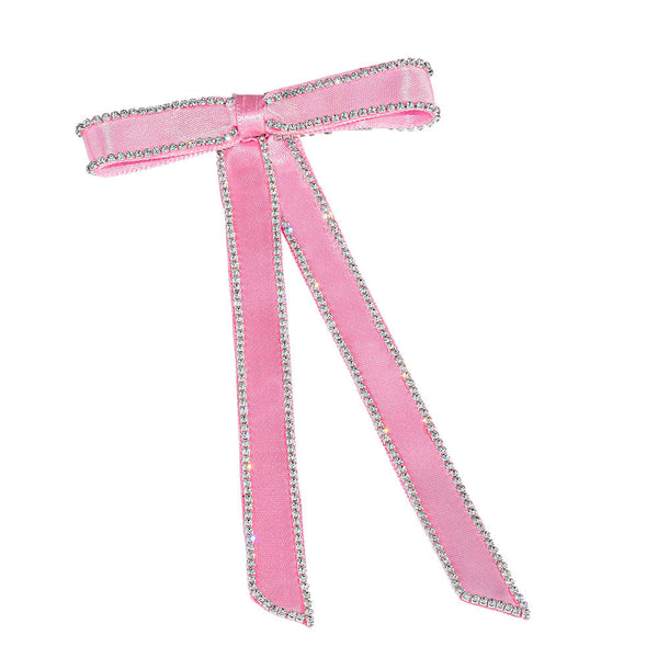 Satin Ribbon Crystal Hair Bow - Pink
