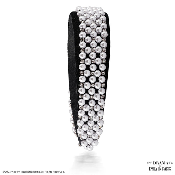 HDC X Emily In Paris Embellished Black Velvet Headband with Pearls & Crystals