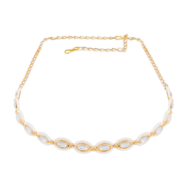 Gold-Plated Kundan, Polki and Pearls Studded Almond-shaped Head Chain