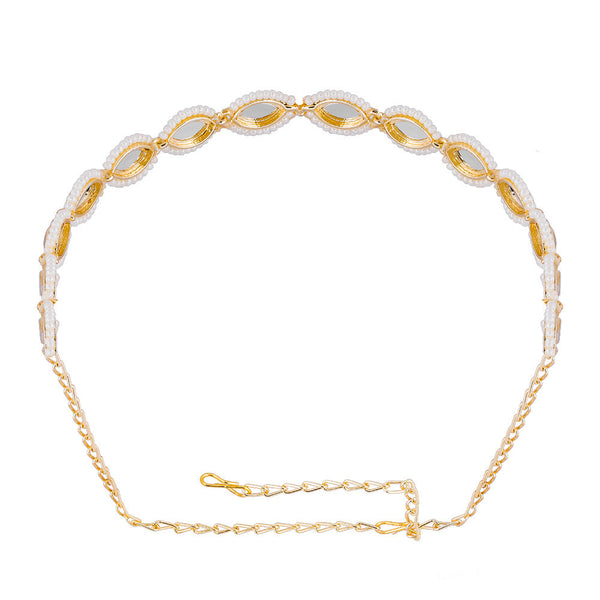 Gold-Plated Kundan, Polki and Pearls Studded Almond-shaped Head Chain