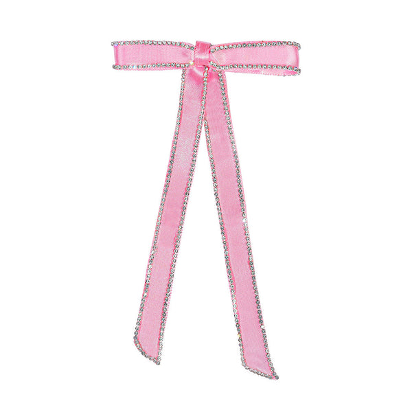 Satin Ribbon Crystal Hair Bow - Pink