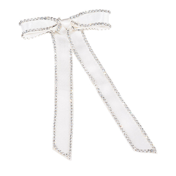 Satin Ribbon Crystal Hair Bow - Off-White