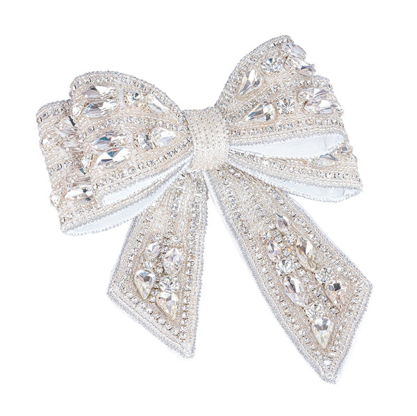 Embellished Crystal Hair Bow Barrette Clip - Silver