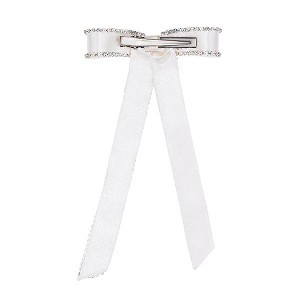 Satin Ribbon Crystal Hair Bow - Off-White