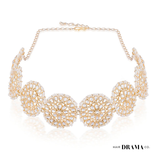 Gold-Plated Kundan, Polki and Pearls Studded Circular Head Chain