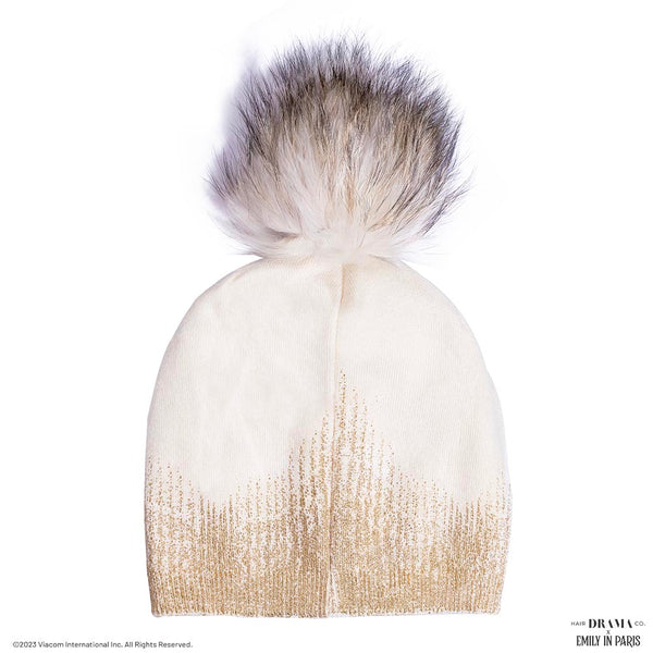 HDC x Emily in Paris Metallic White Real Wool Beanie with Original Fur Pom-pom & Eiffel Tower Applique