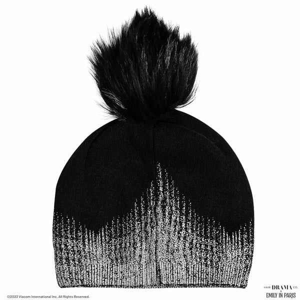 HDC x Emily in Paris Metallic Black Real Wool Beanie with Original Fur Pom-pom & Heart Charm
