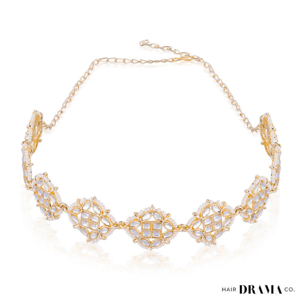 Gold-Plated Kundan, Polki and Pearls Studded Diamond Head Chain
