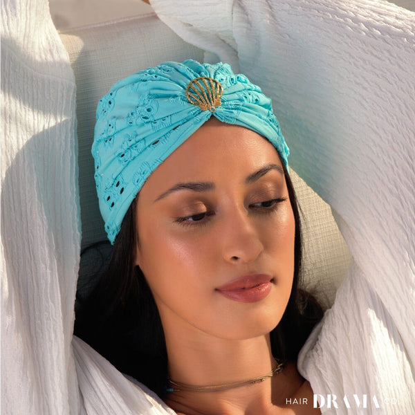 Blue Cutwork Turban with Shell Metal Broach