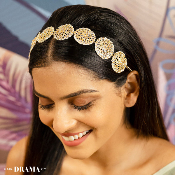 Gold-Plated Kundan, Polki and Pearls Studded Circular Head Chain