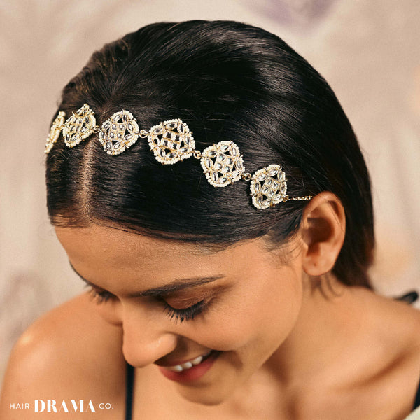 Gold-Plated Kundan, Polki and Pearls Studded Diamond Head Chain