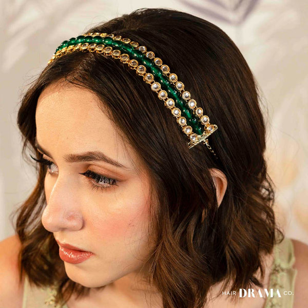 Gold Plated Hair Band with Emerald Green Crystals and Transparent Stones