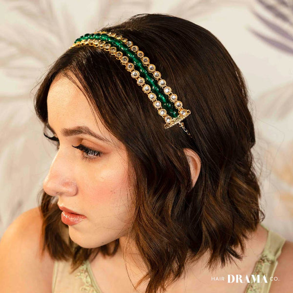 Gold Plated Hair Band with Emerald Green Crystals and Transparent Stones