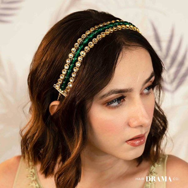 Gold Plated Hair Band with Emerald Green Crystals and Transparent Stones