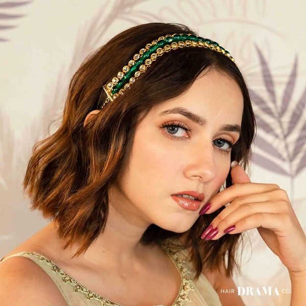 Gold Plated Hair Band with Emerald Green Crystals and Transparent Stones