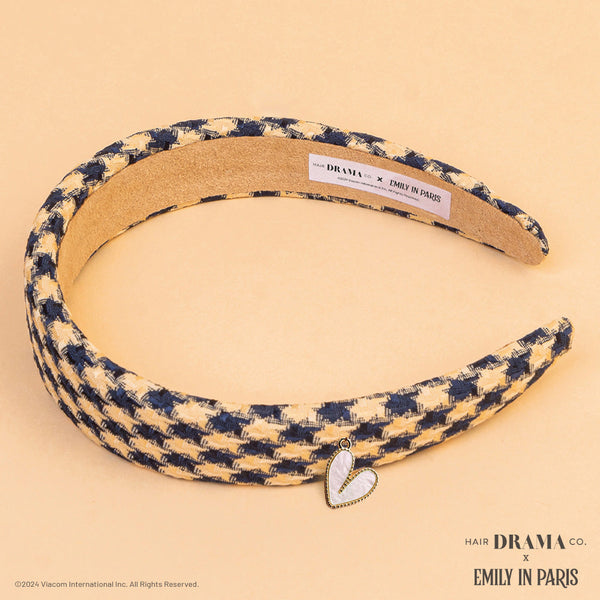 HDC x Emily in Paris Houndstooth Puff Hair Band with Heart Charm - Blue & Biege