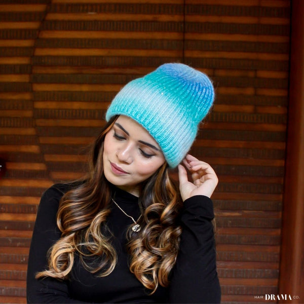 Knitted Sequined Beanie - Blue & White