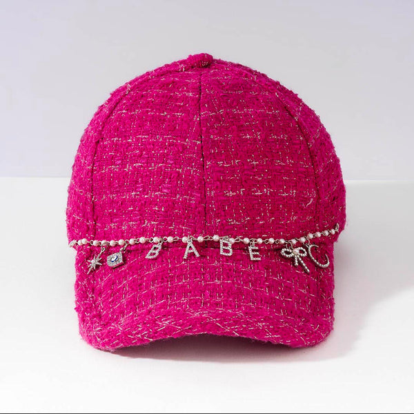 "Babe" Charm Tweed Baseball Cap - Hot Pink