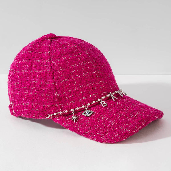 "Babe" Charm Tweed Baseball Cap - Hot Pink