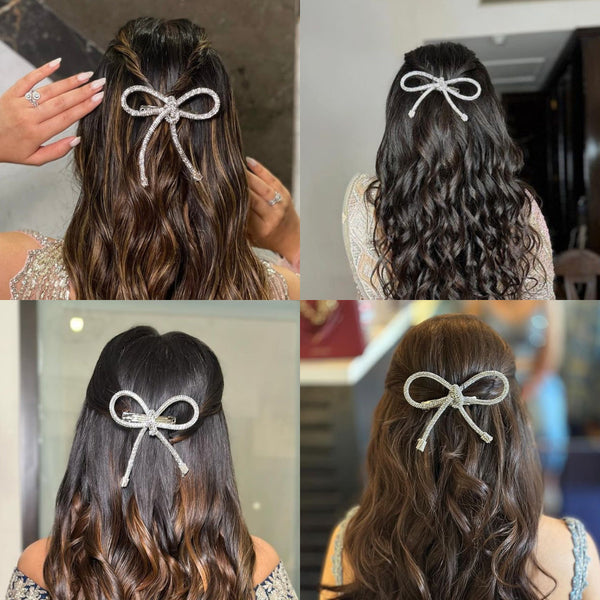 Crystal Hair Bow Barrette Clip - Silver