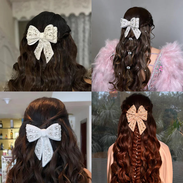 Embellished Crystal Hair Bow Barrette Clip - Silver