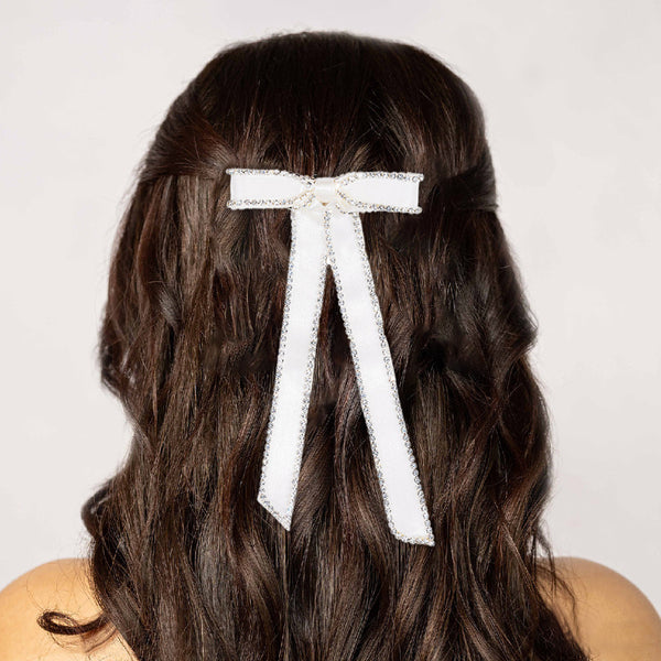 Satin Ribbon Crystal Hair Bow - Off-White