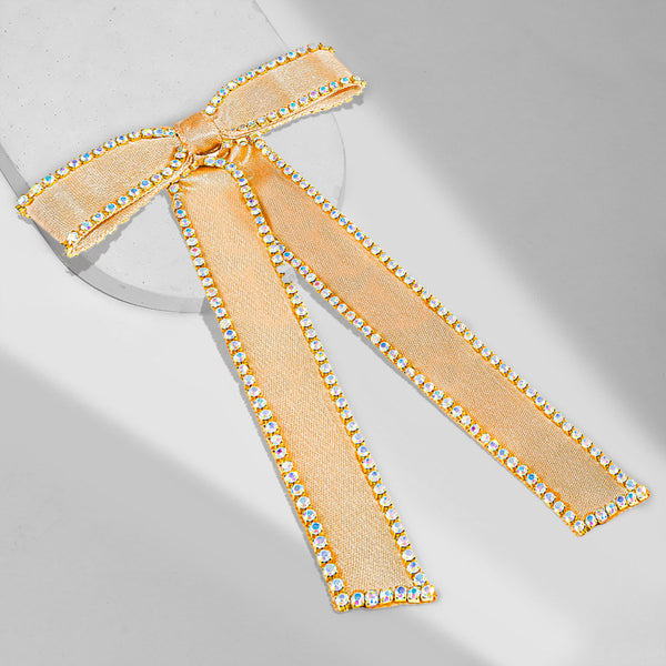Satin Ribbon Crystal Hair Bow - Gold