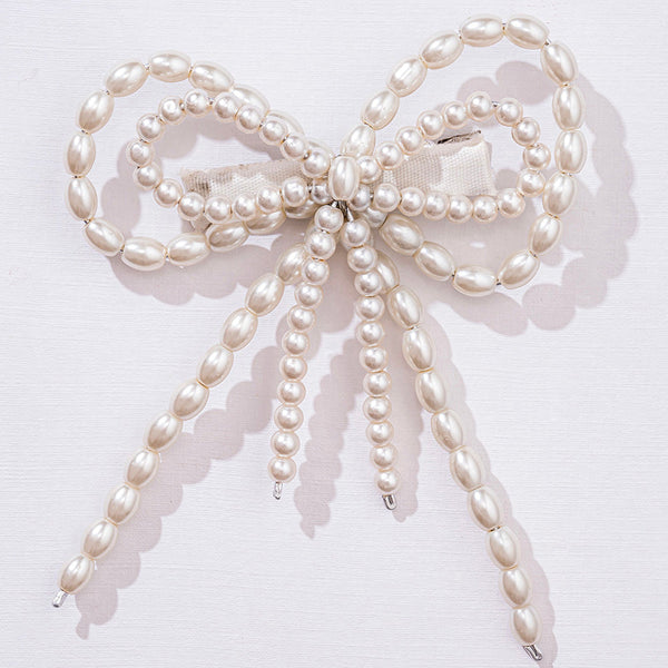 Embellished Pearl Hair Bow Alligator Clip - Off-White