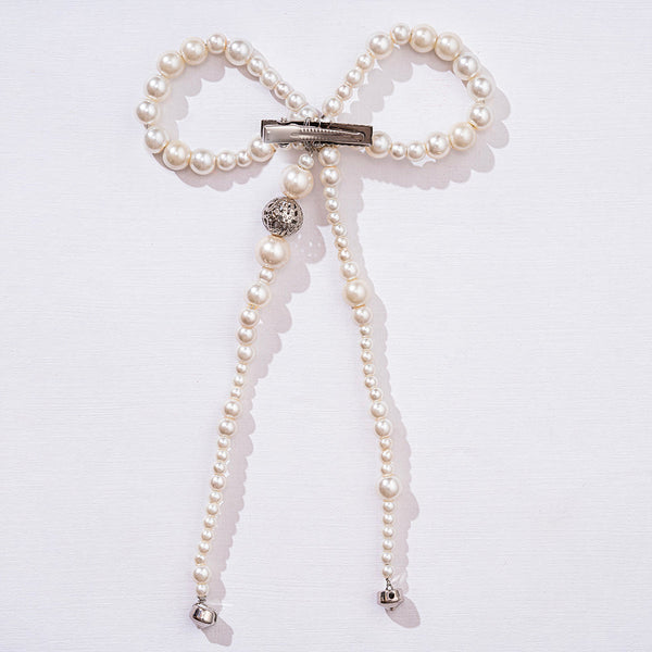 Embellished Pearl Hair Bow Alligator Clip with Silver Stone - Off-White