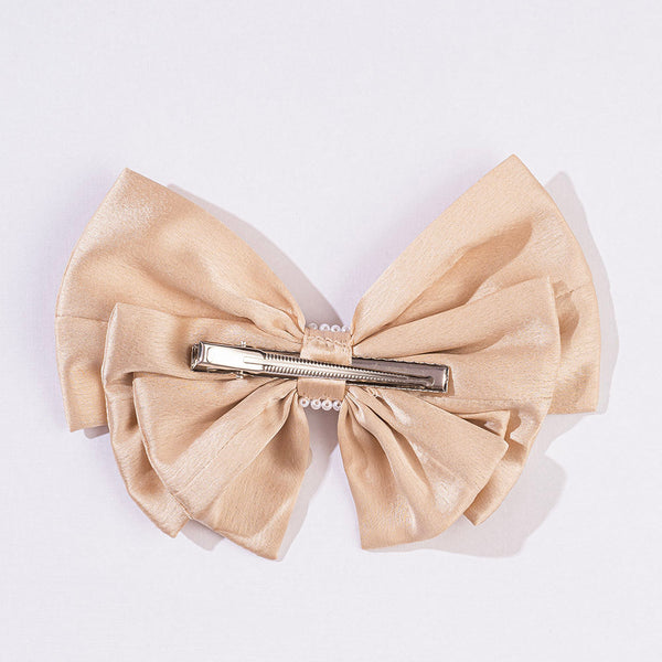 Satin Pearl Hair Bow Alligator Clip - Latte