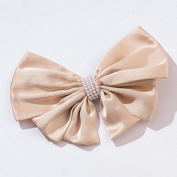 Satin Pearl Hair Bow Alligator Clip - Latte